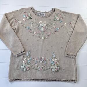 TR Bentley Vintage embroidered pastel floral flower beige Sweater women’s large